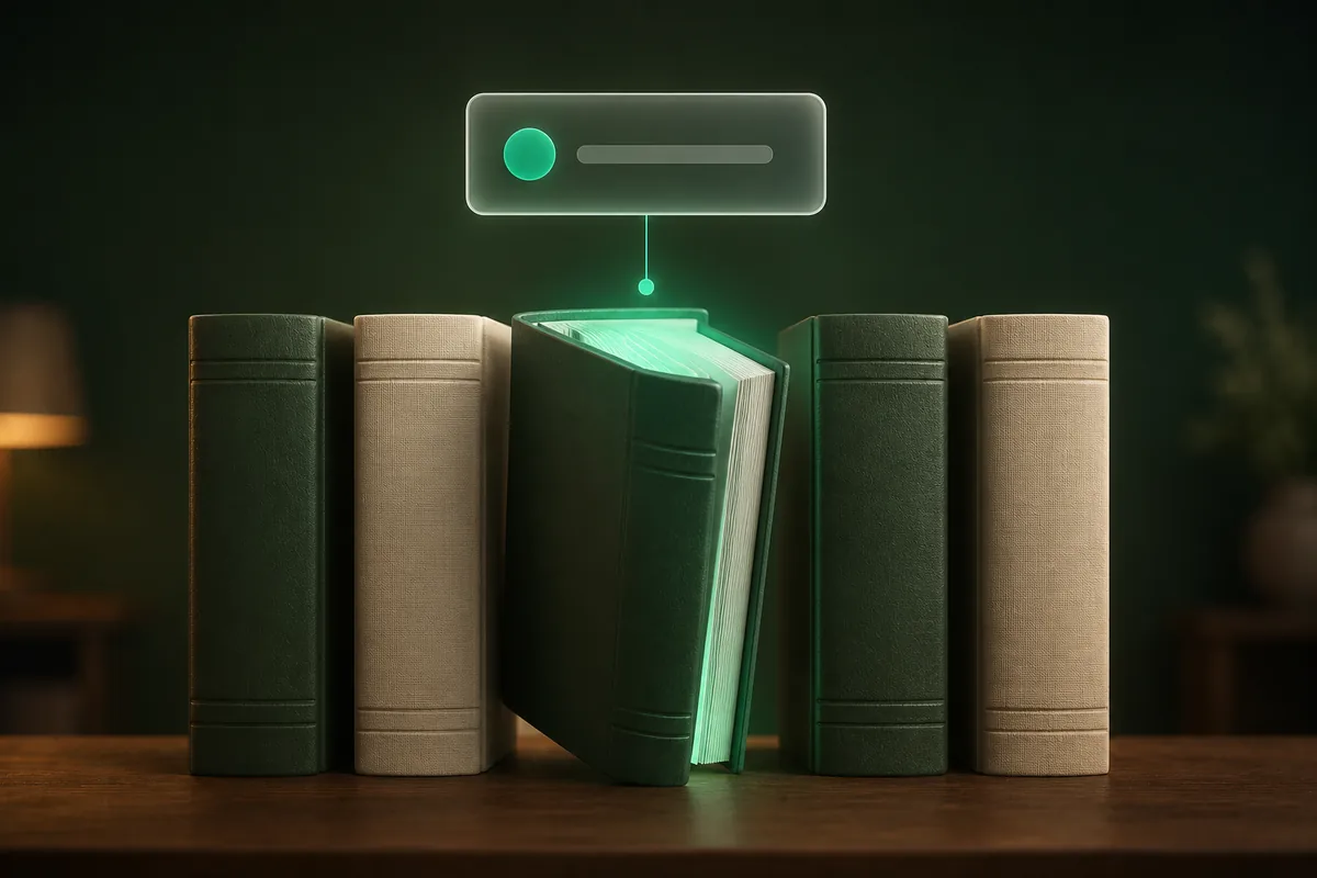 A row of textbooks with the centre one opening and glowing