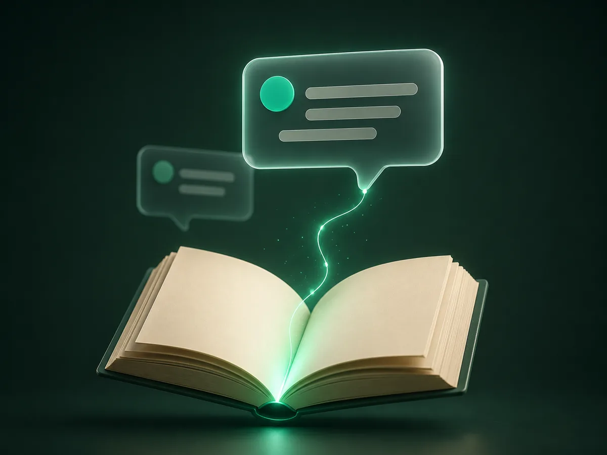 An open book with chat bubbles rising from its pages